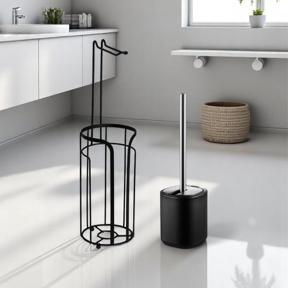 image 1 of Showerdrape Black Bathroom Accessory Set Toilet Roll Holder and Toilet Brush | Black