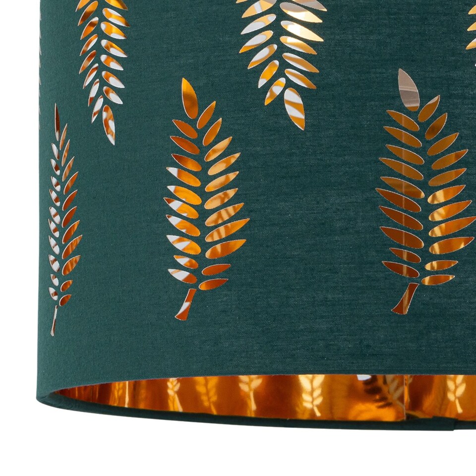 image 1 of Aura - Satin Brass Table Lamp with Green Fern Cut Out Silver Shade | Gold | Green | Large | 1