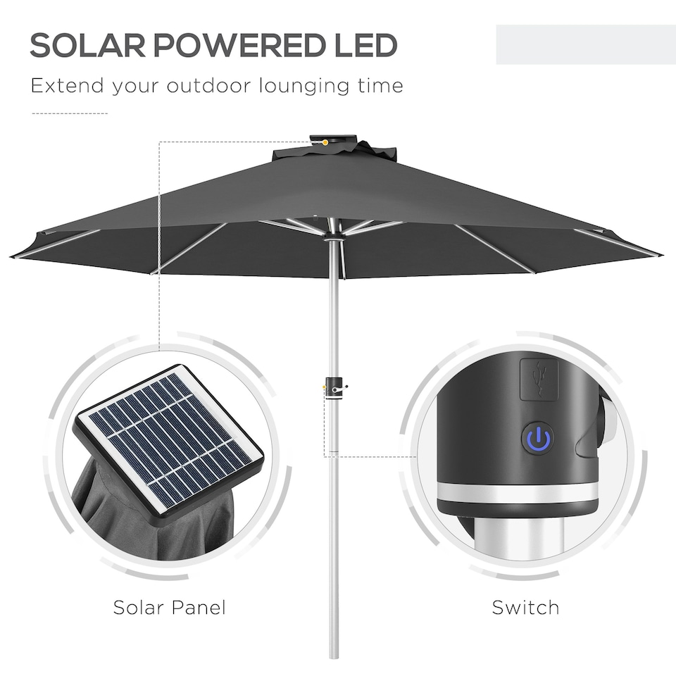 image 1 of Outsunny Solar Patio Garden Parasol with Lights, Charcoal Grey