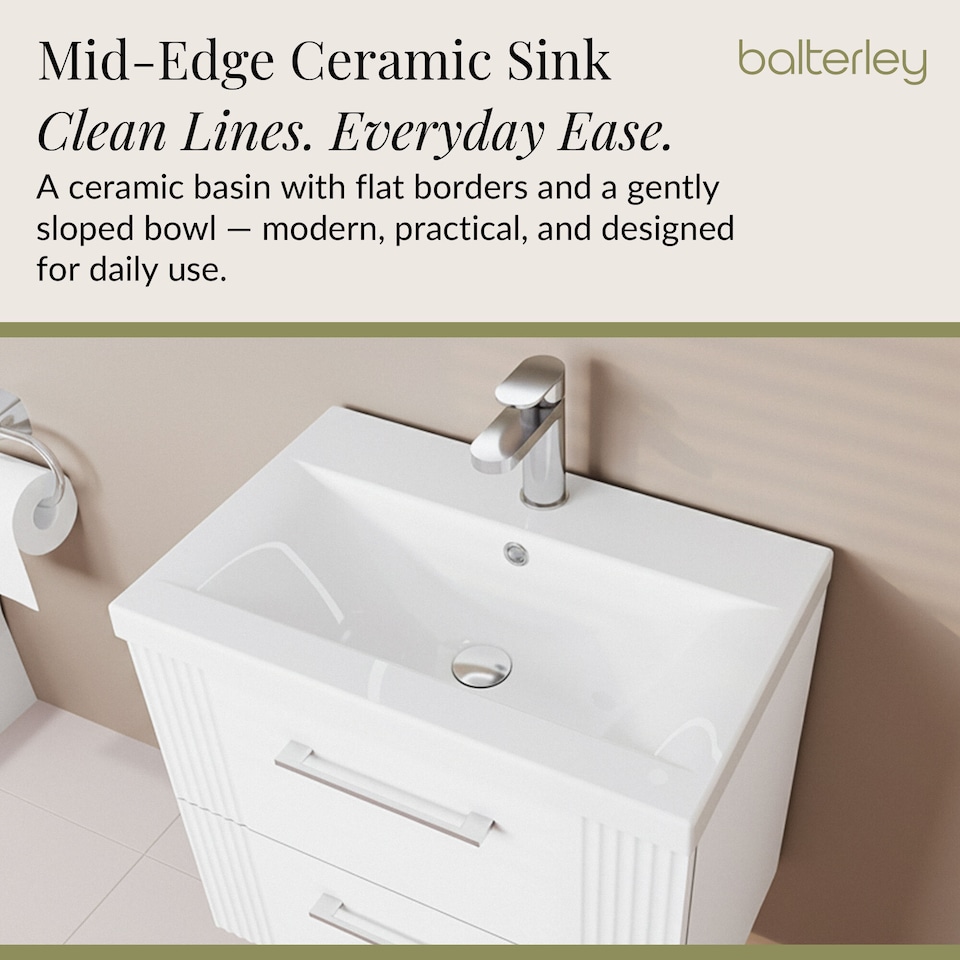 image 1 of Wall Hung 2 Drawers Vanity Unit - Mid-Edge Basin 600mm, Satin White | White | Satin White | 390 x 610 x 540mm