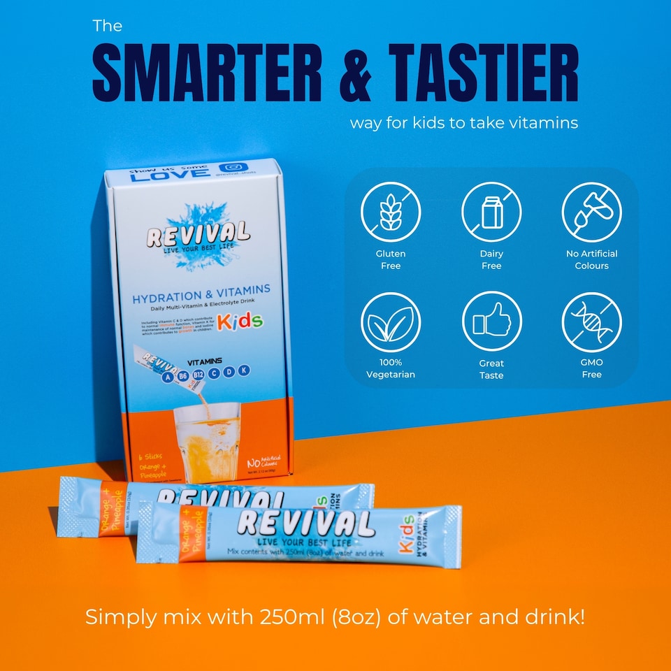 image 1 of Revival KIDS - Daily Multi-Vitamin & Electrolyte Drink - Orange & Pineapple 30 pack