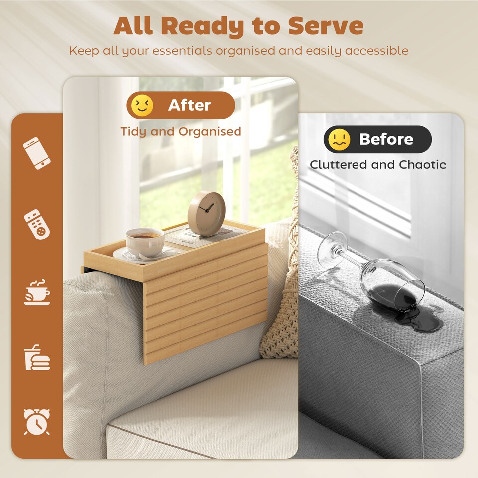 image 1 of HOMCOM Bamboo Sofa Arm Tray, Foldable Anti-Slip Armrest Tray for Drinks