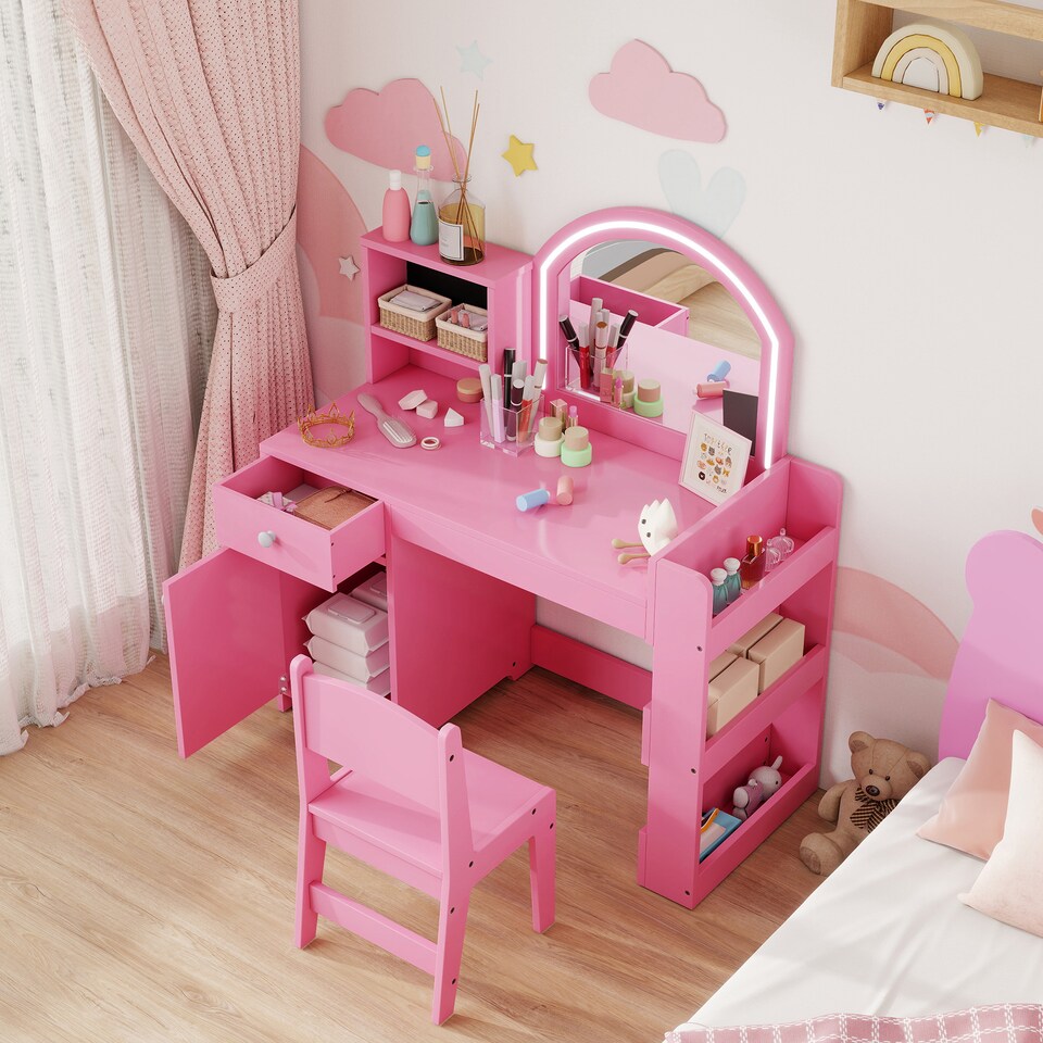image 1 of AIYAPLAY Kids Vanity Table and Chair Set, Girls Dressing Table with 2-Colour LED Mirror, Stool, Cabinet, Drawer, Bookshelf and Shelves for Ages 3-8 Years | Pink