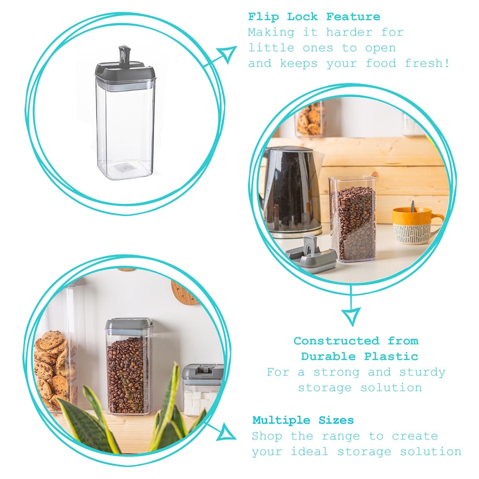 image 1 of Argon Tableware 3x Food Storage Containers - 1.2 Litre - Grey Airtight Plastic Storage Pantry Food Organiser with Flip Lock Lid