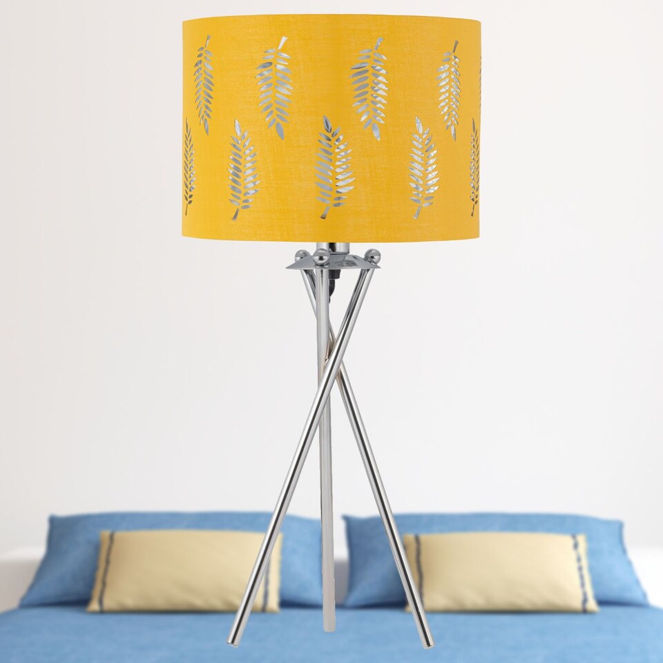 image 1 of Set of 2 Tripod Table Lamps with Ochre Fern Cut Out Shades | Chrome | Yellow | Large | 2
