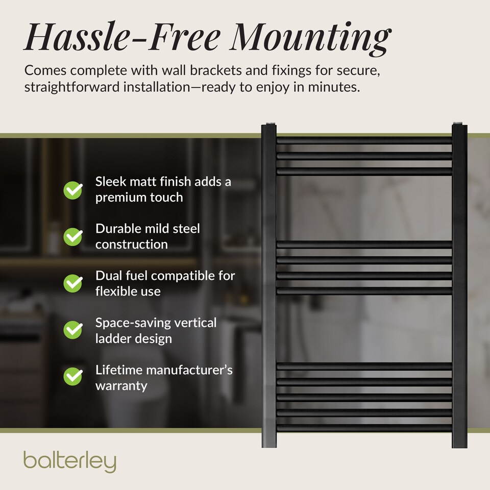 image 1 of Balterley Straight Heated Heated Towel Rail Radiator, 542W | Black | Matt Black
