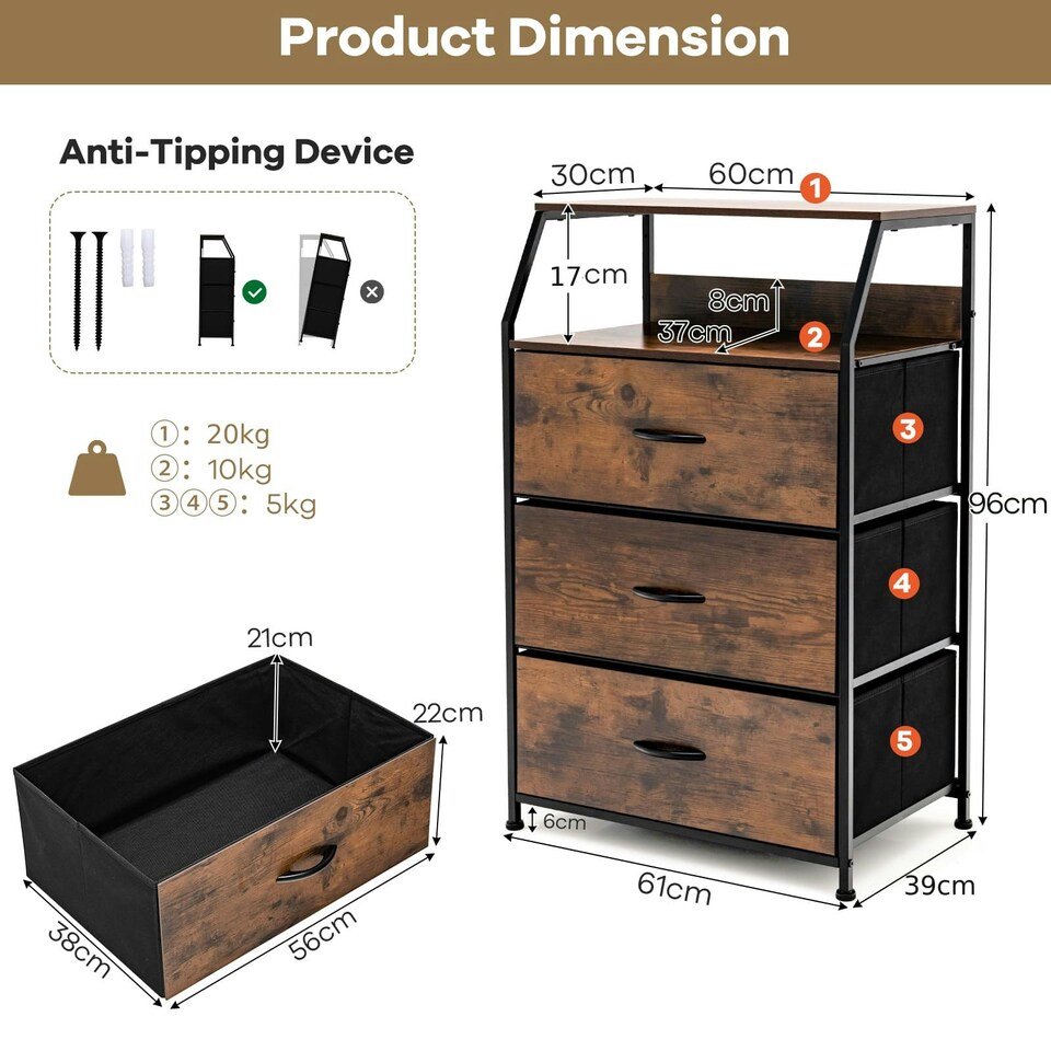 image 1 of COSTWAY 3-Drawer Storage Cabinet Dresser Organizer W/ Shelf Brown