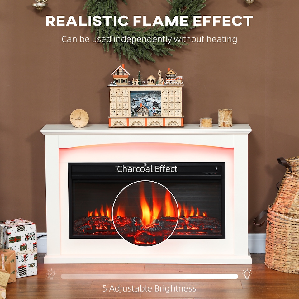 image 1 of HOMCOM 48"/121 cm Electric Fireplace with Realistic Flame Effect & 5 Brightness Levels, 1000W/2000W Inset Electric Fire and Mantel Reach up to 30 m² Space with Remote & Timer for Living Room, White