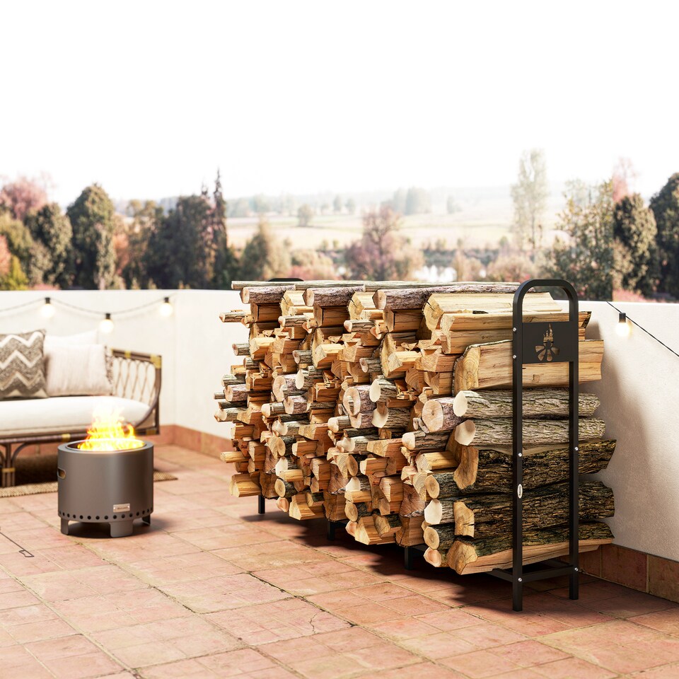 image 1 of Outsunny 6.5 FT Steel Firewood Log Rack with 300 kg Capacity, Heavy Duty Indoor Outdoor Fireplace Wood Storage Shelf, Log Holder/Stand with Extra Support Legs, Decorative Bonfire Pattern, Black