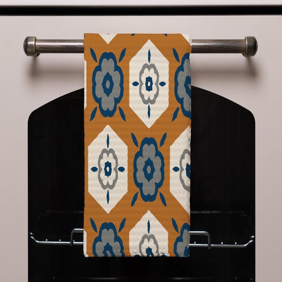 image 1 of Rust orange background with gray, navy blue and beige (Kitchen Towel)