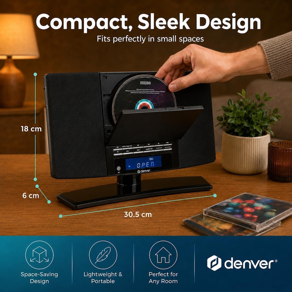 image 1 of Denver MC-5220 CD Player For Home HiFi System - CD Player With Speakers & Radio - Mains Power, Clock Radio, Remote Control, Desktop Stand/Wall Mounted CD Player