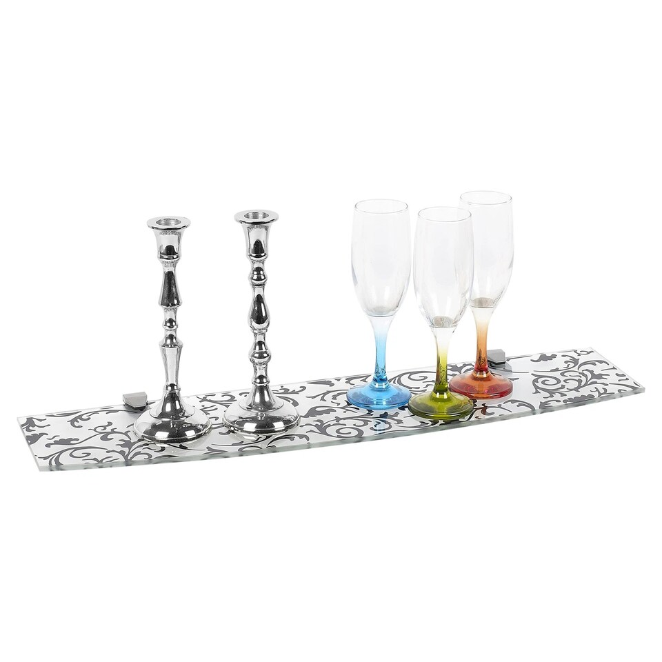 image 1 of Large Bowed Floating Glass Wall Shelves Damask Floral Design with Clip Supports | Black | Black Design