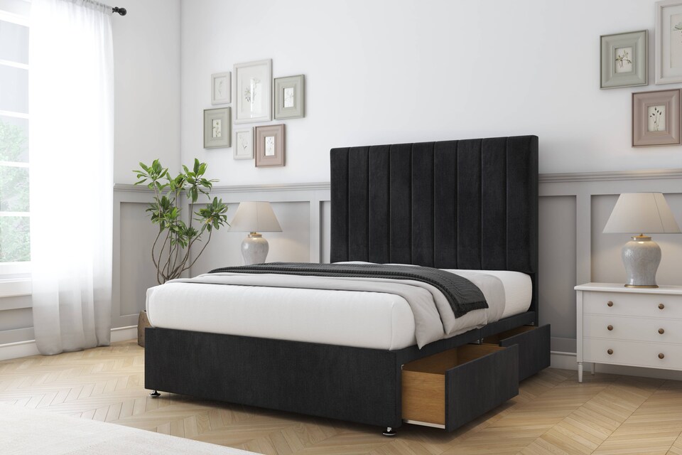 image 1 of Sloomy Kansas Black Naples Divan Bed Base 2 Drawers Same Side With 54 Inch Floor Standing Headboard | Black | Black | Small Single | 1