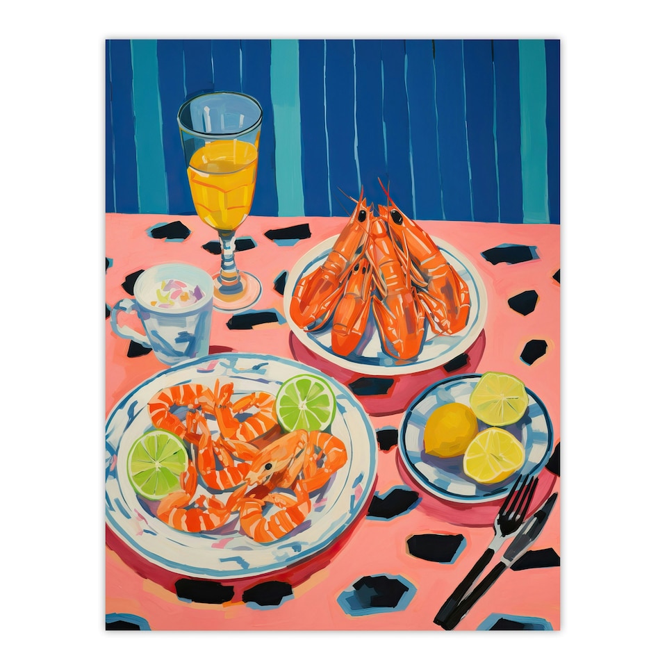 image 1 of Party Shrimp Yellow Pink Kitchen Home Decor Black Framed Wall Art Print A4