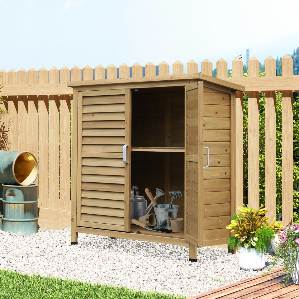 image 1 of Outsunny Wooden Garden Two-Door Storage Shed, Fir Wood Cabinet