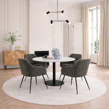 Corby Round Dining Table with White Polished Marble Top & Black Base includes 4 Brooke Dining Chairs with Arm Rest in Taupe