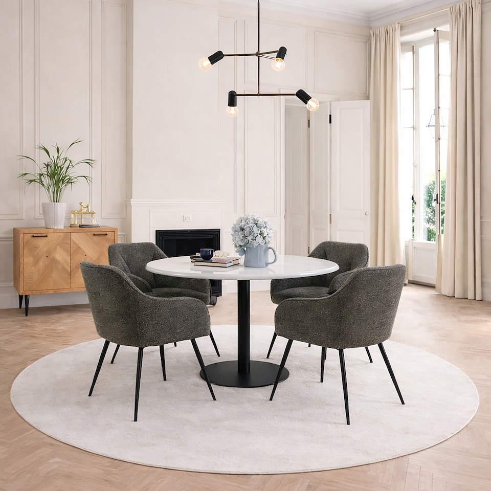 image 1 of Corby Round Dining Table with White Polished Marble Top & Black Base includes 4 Brooke Dining Chairs with Arm Rest in Taupe