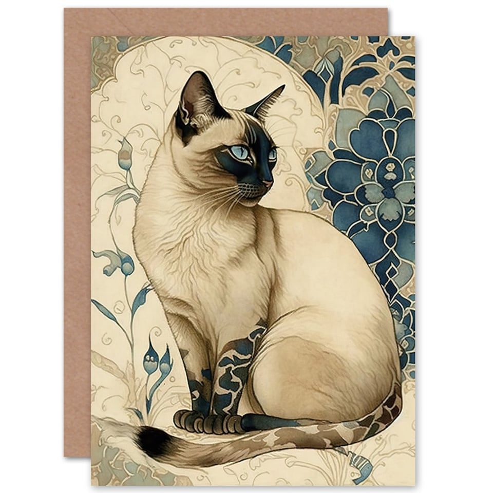 image 1 of Siamese Cat Lover Modern Art Nouveau Flower Design Greeting Card