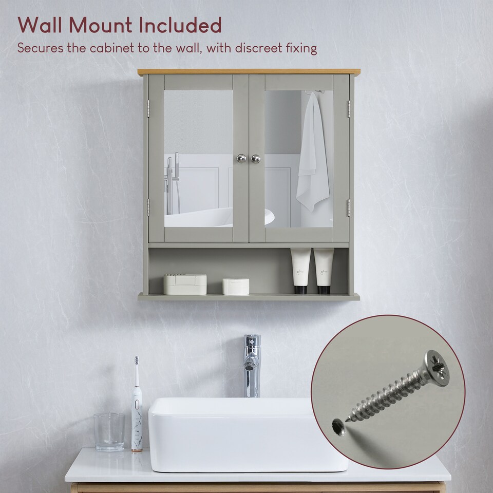image 1 of Bath Vida Priano 2 Door Mirrored Wall Mounted Bathroom Cabinet With Shelf, Grey & Oak | Grey | Grey & Oak | 1