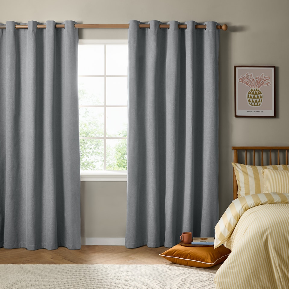 image 1 of Furn The Ultimate Blackout Textured Woven Eyelet Curtain Pair | Blue | Denim | 1
