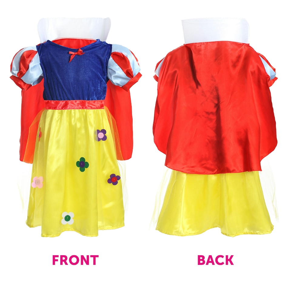 image 1 of Snow Princess Costume Blue and Yellow Dress, Red Cape, Red Bow Yellow | M
