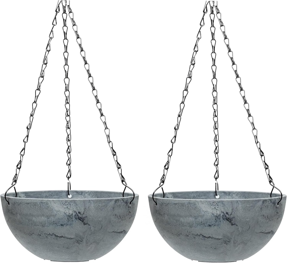image 1 of Marble Effect Hanging Basket 35cm Outdoor Garden with Chain Grey (x2) | Grey