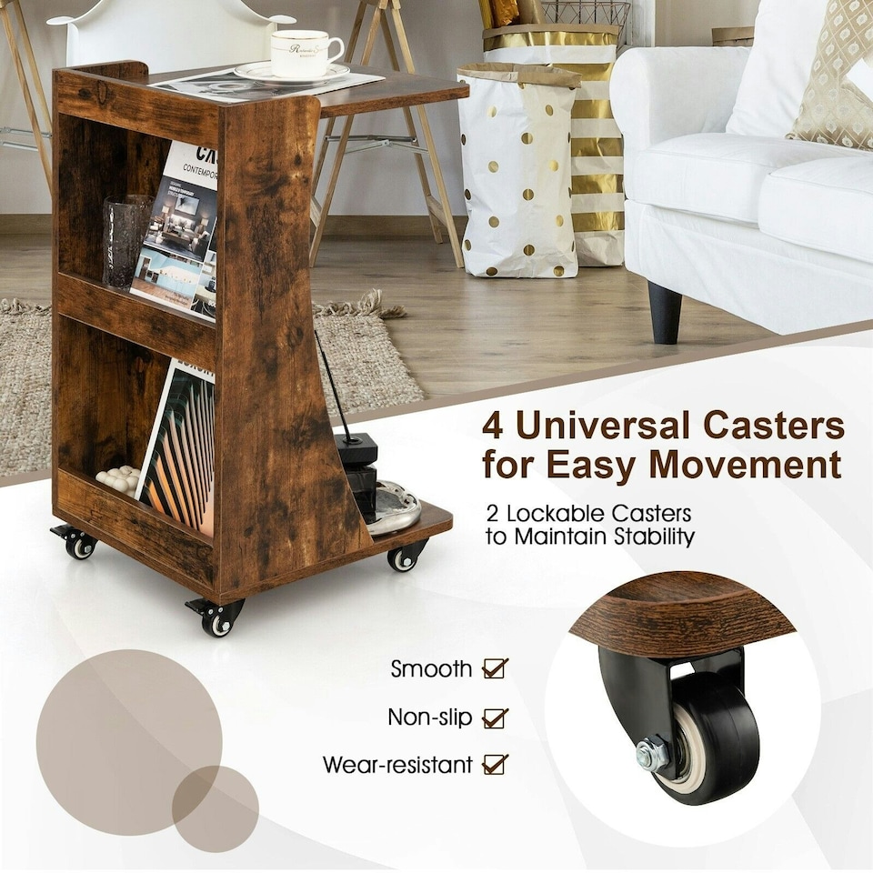 image 1 of COSTWAY C-Shaped End Table Mobile Sofa Side Table Brown