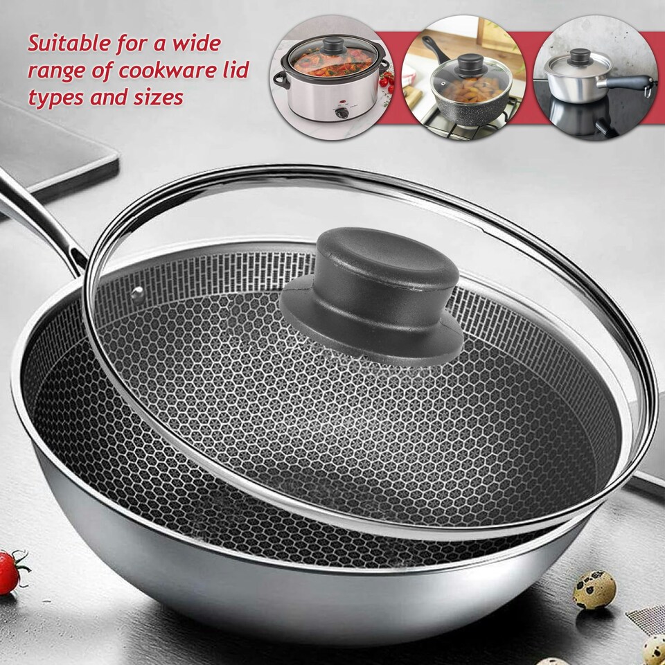 image 1 of SPARES2GO Pan Lid Knob Handle Kitchen Cookware Black Round Curved Hand Grip Replacements (Pack of 2) Black