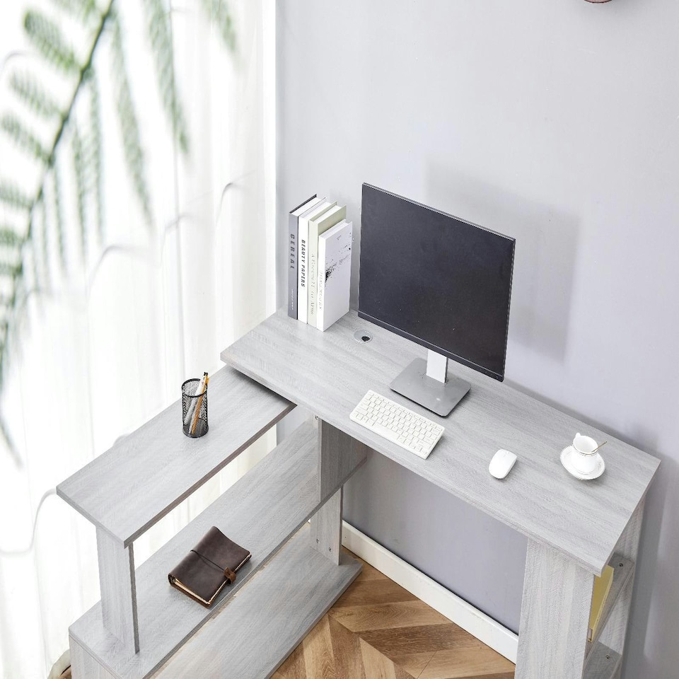 image 1 of Grey Office Desk L-shaped with Mobile Storage Drawer Unit Wooden Room Furniture Grey