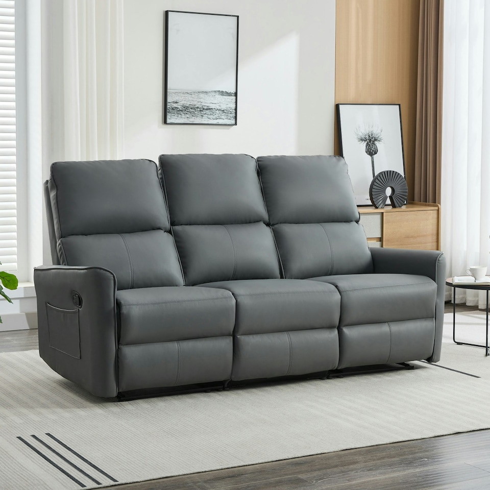 image 1 of Madrid 3 Seater Manual Recliner Air Leather Sofa Grey