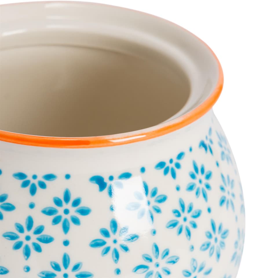 image 1 of Nicola Spring Hand-Printed Plant Pot with Saucer - 20.5cm - Orange | Orange | Orange / Blue