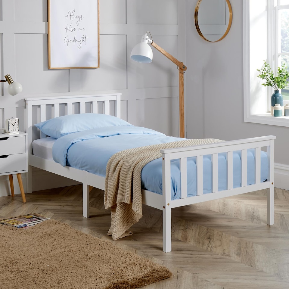 image 1 of Single Bed White Wooden 3ft Childrens Bed Headboard High End Slatted Base