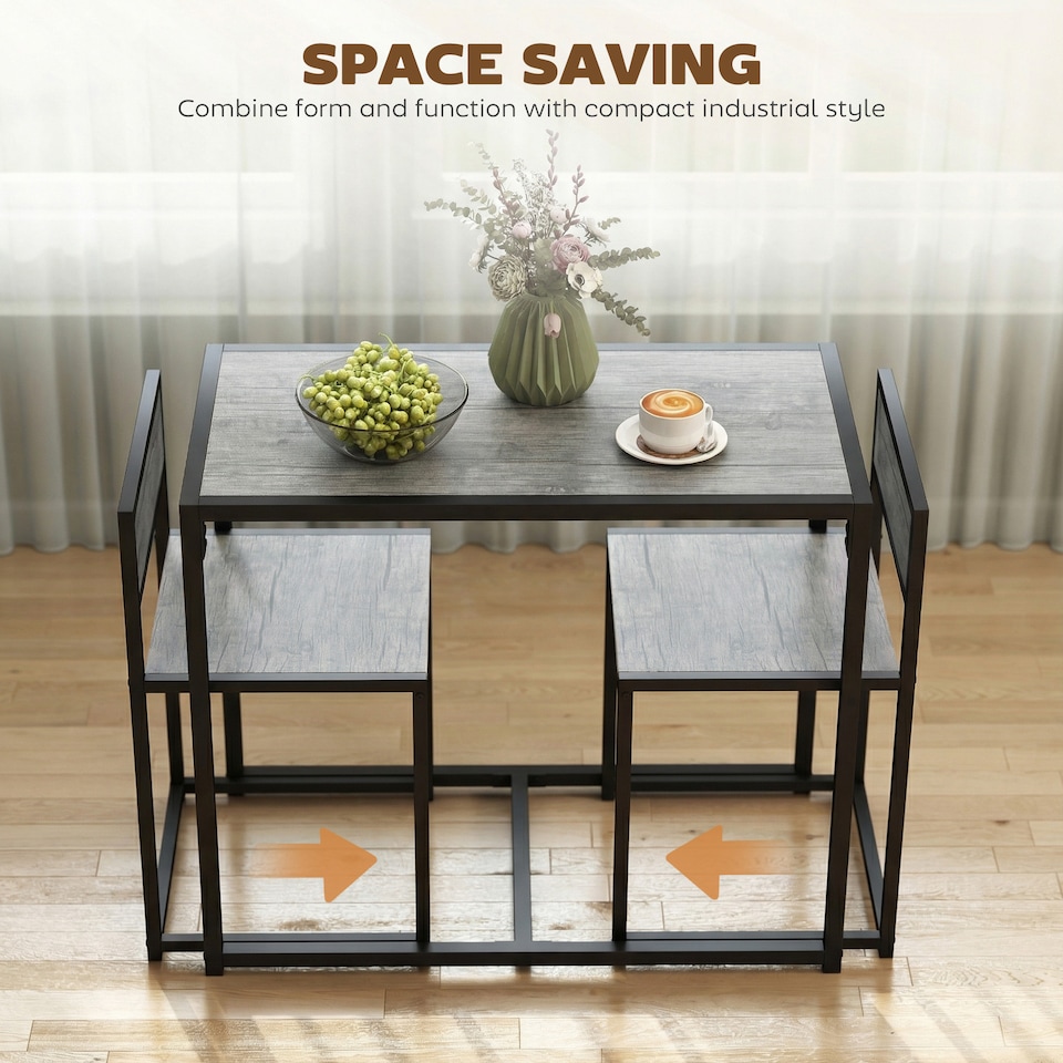 image 1 of HOMCOM 3 Piece Dining Table Set with Metal Frame | Grey | Charcoal grey wood-effect