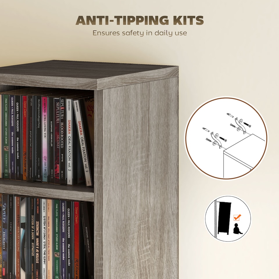 image 1 of HOMCOM Set of 2 CD Storage Units DVD Shelf with Adjustable Shelves | Grey | Distressed Grey | 21W x 22.5D x 88.5H cm