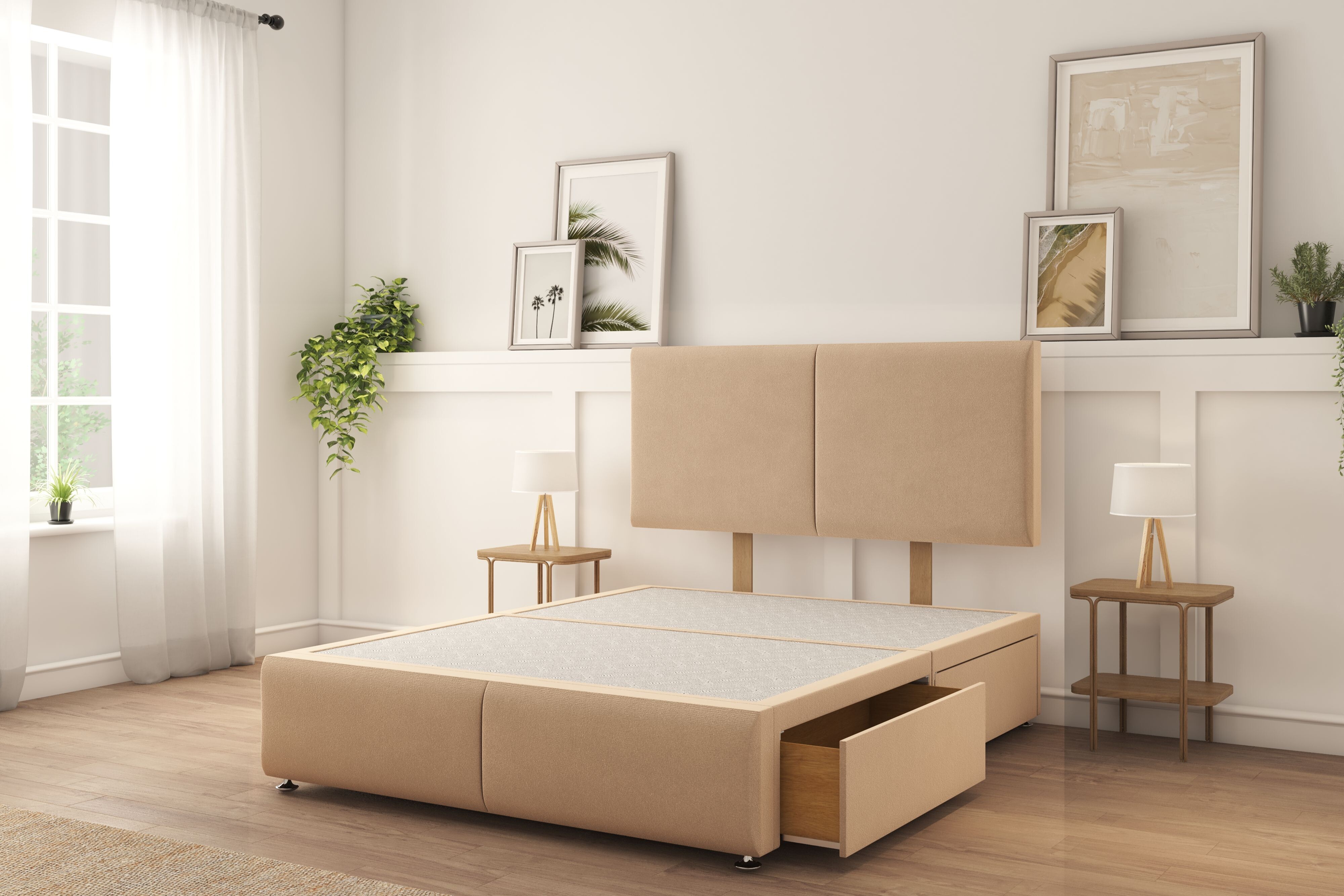 Sloomy Vienna Pebble Plush Divan Bed Base 2 Drawers Left Side With 26" Strutted Headboard & 12" Footboard 4'6 Double