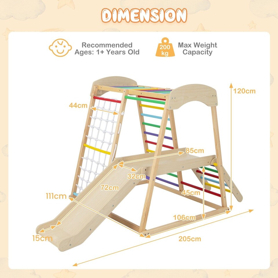 image 1 of COSTWAY 6 in 1 Wooden Climber Playset Kids Slide Jungle GymMonkey Bars Climbing Ladder