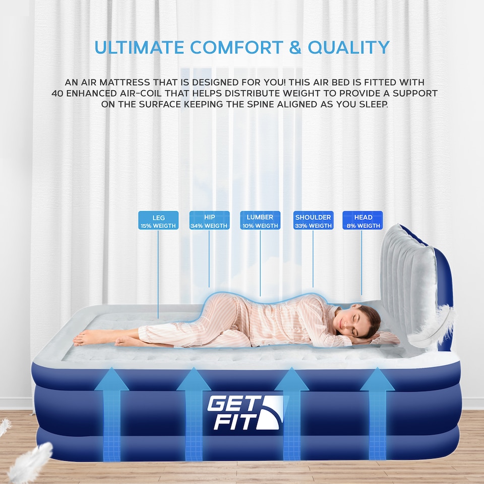 image 1 of Get Fit Air Bed With Built In Electric Pump - Premium Double Airbed - Quick Blow Up Bed With Headboard & Free Inflatable Pillow | Blue | Navy / White | 1