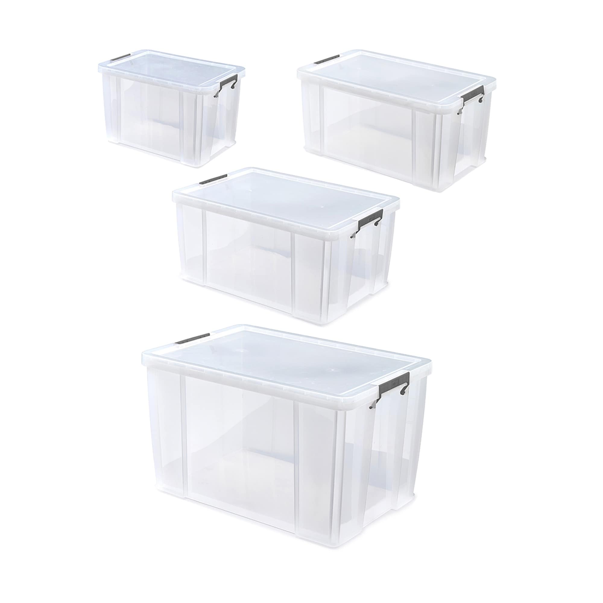 Whitefurze Set of 4 Allstore Storage Boxes with Lids & Silver Clamps 26L to 85L
