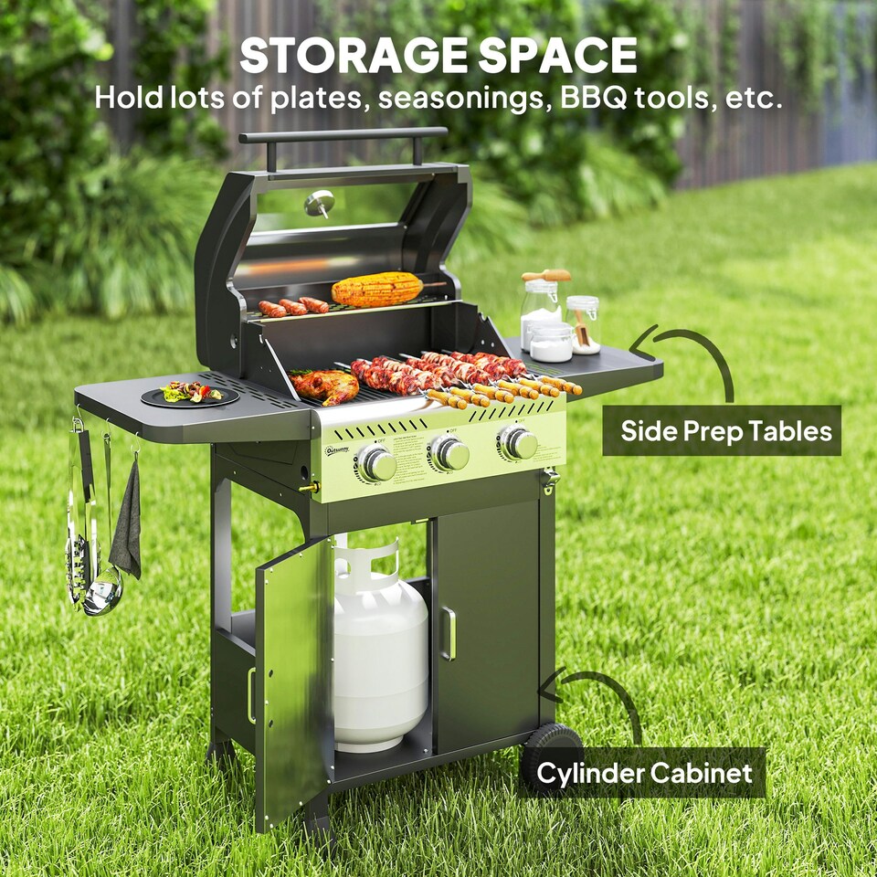 image 1 of Outsunny 3 Burner Propane Gas BBQ Grill with See-through Lid and Thermometer