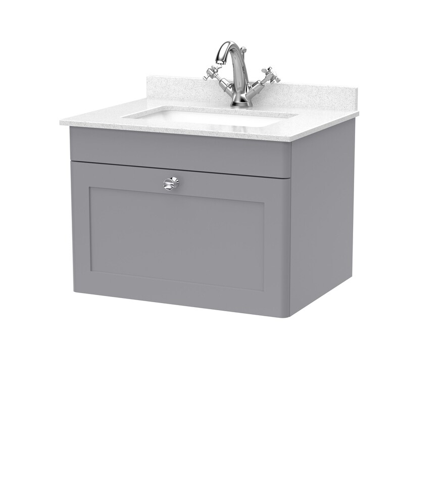 image 1 of Balterley Swynnerton Traditional 1 Drawer Wall Hung Vanity Unit with Marble Basin, Satin Grey, 600mm