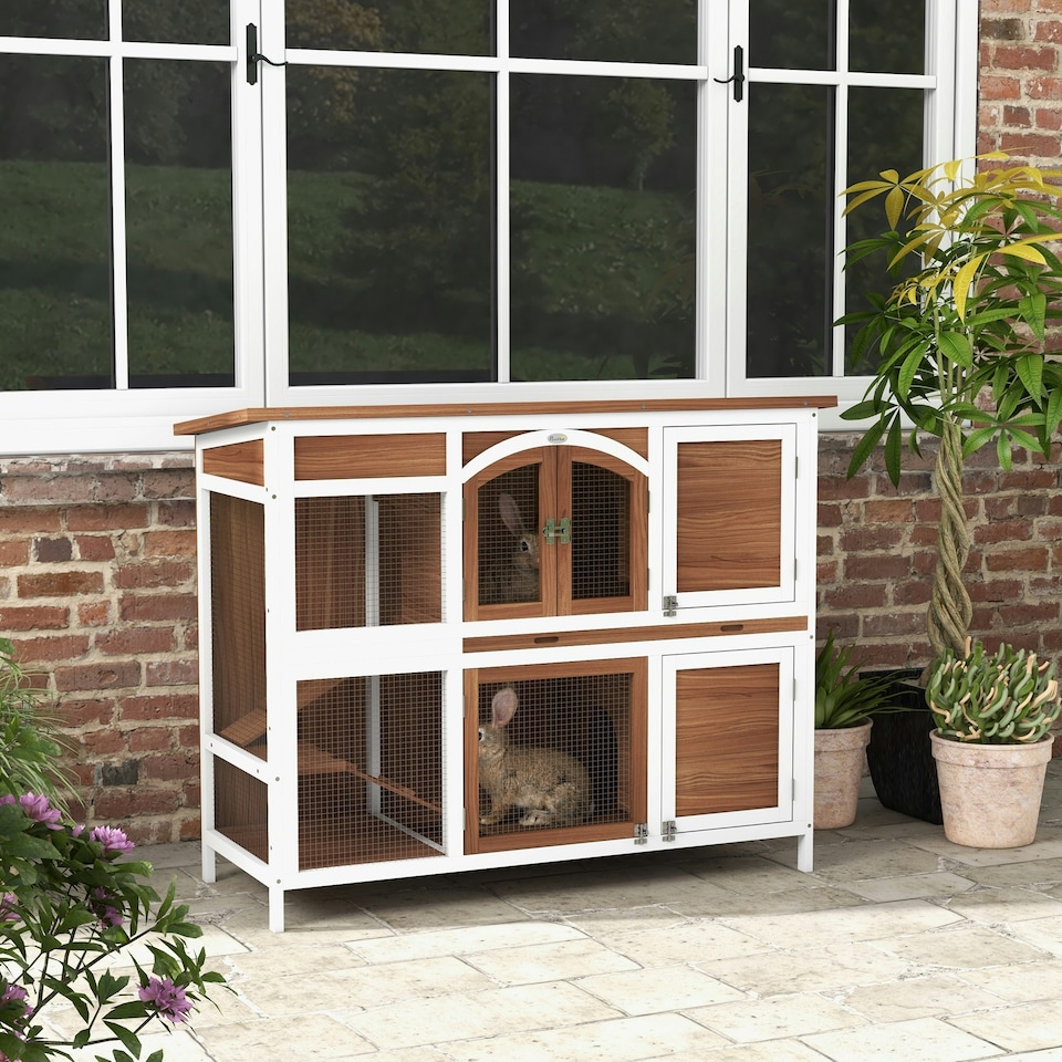 image 1 of PawHut Rabbit Hutch, Guinea Pig Hutch 2-Tier Wooden Cage w/ Ramp Roof, Brown
