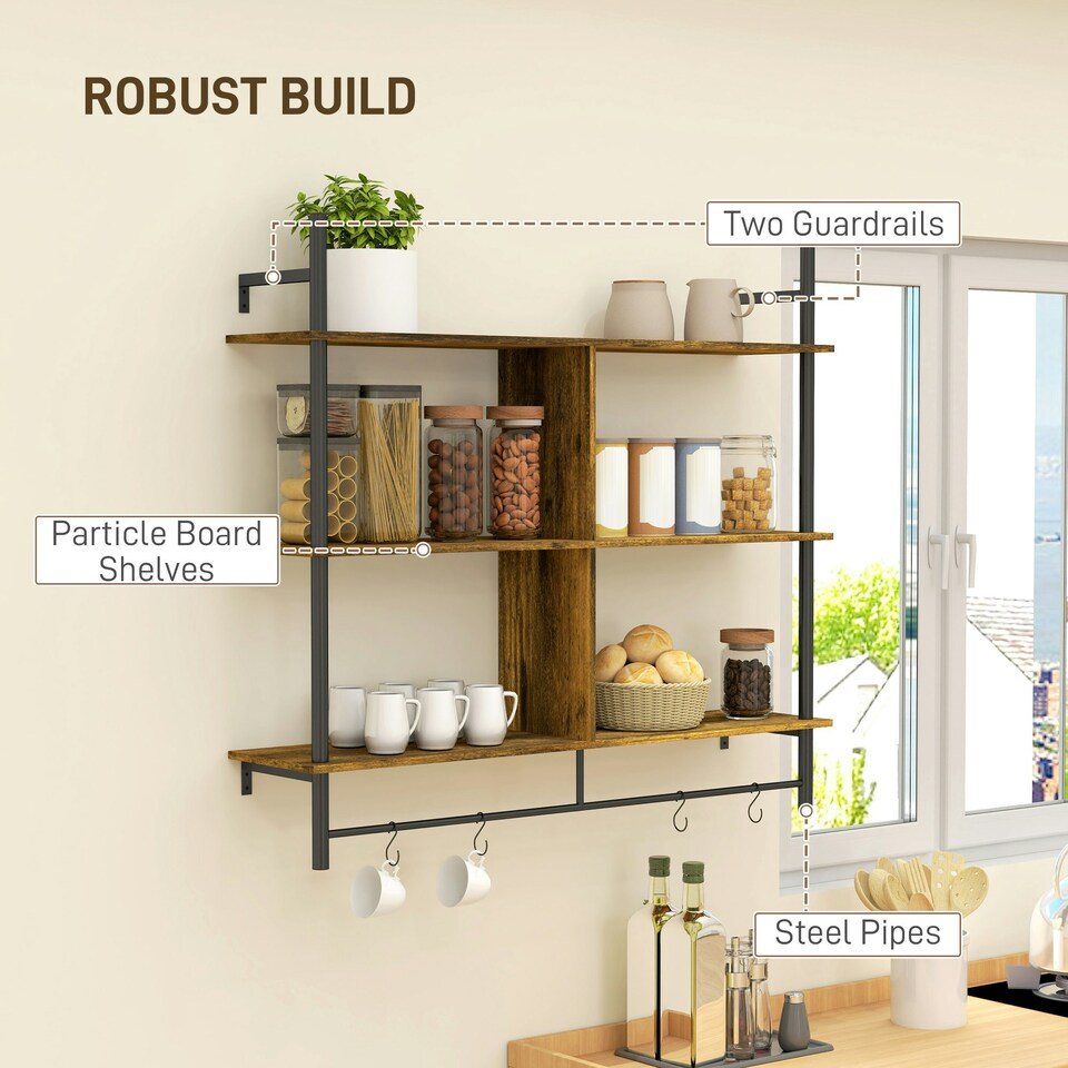 image 1 of HOMCOM Wall Shelf Unit with 4 Hooks for Living Room Rustic Brown