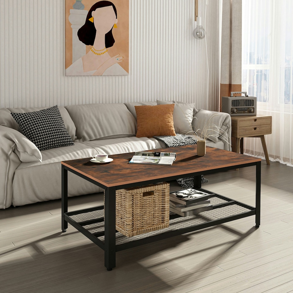 image 1 of HOMCOM 2-Tier Wooden Coffee Table Retro Industrial Style Side Desk Living Room Yellow