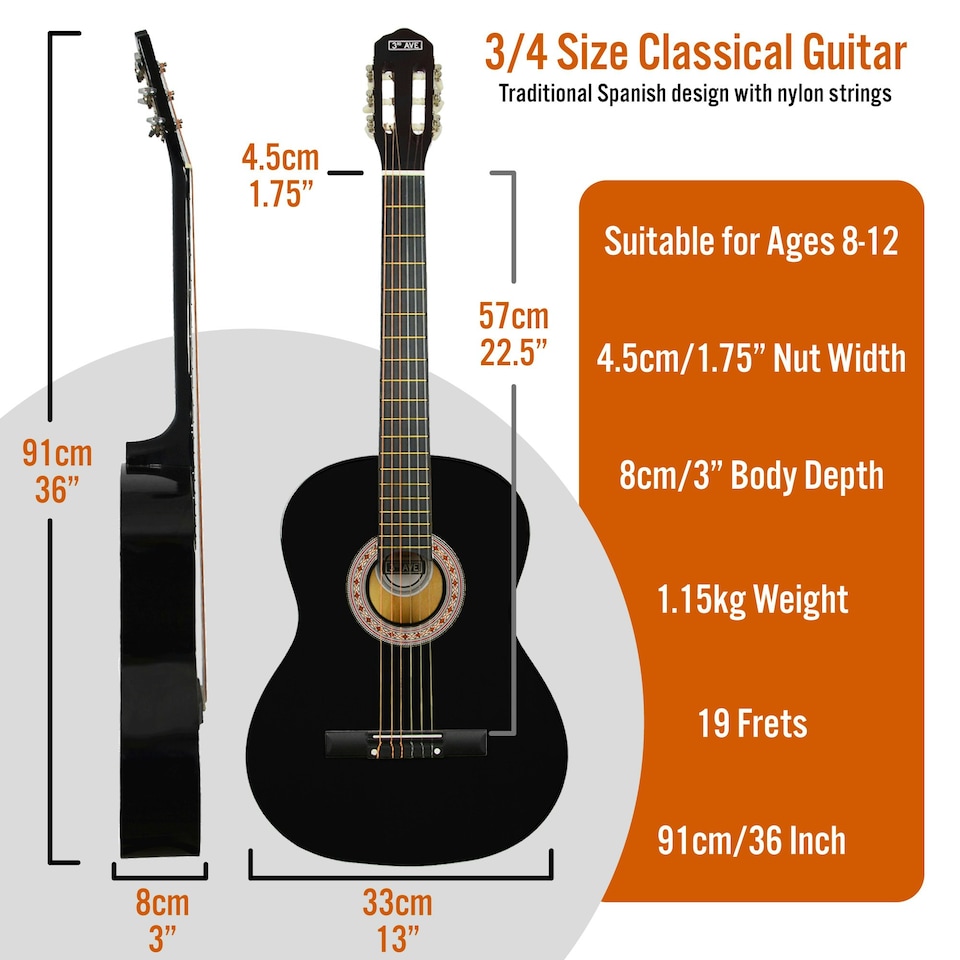 image 1 of 3rd Avenue 3/4 Size Classical Guitar Pack Black