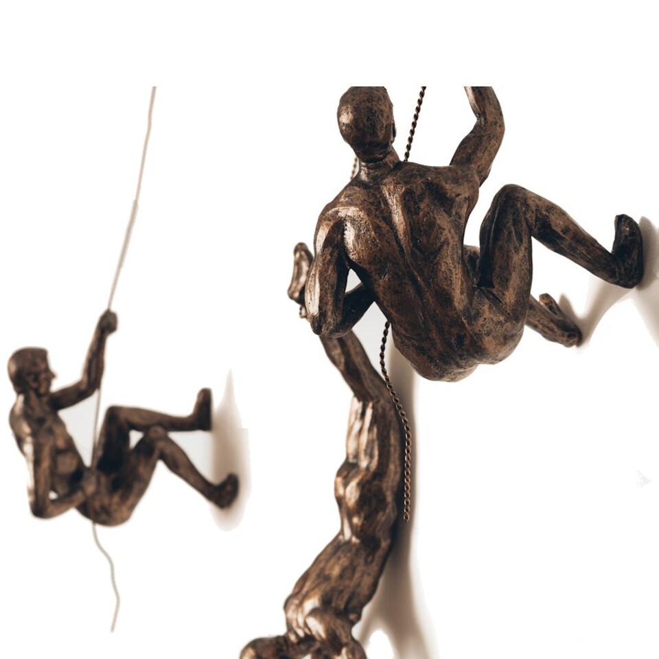 image 1 of Large x3 Bronze Colour Climbing Men With Nail Caps Wall Hanging Ornaments Art Installation Sculptures of Climber Figures on Realistic Metal Wires