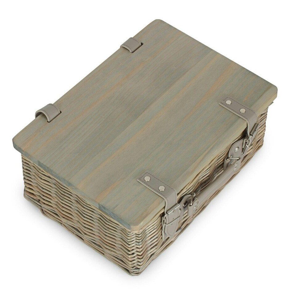 image 1 of Antique Wash Empty Picnic Basket with Pinewood Lid Brown | S