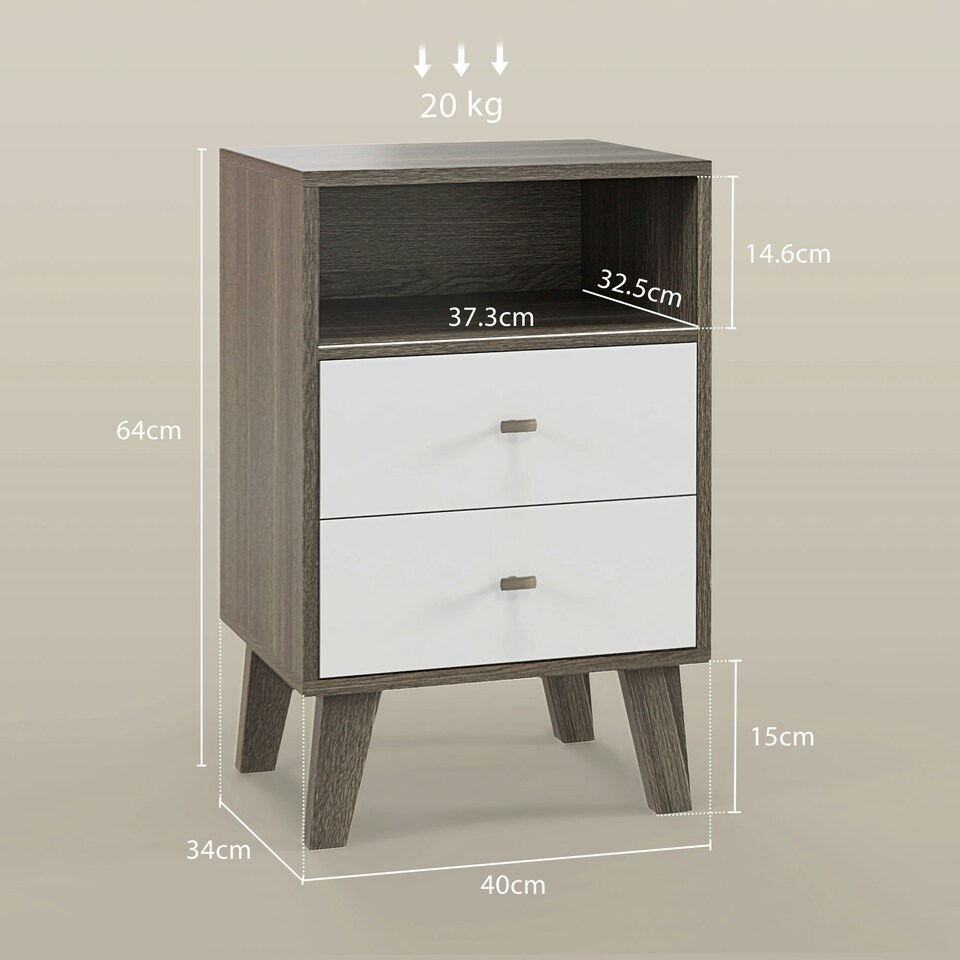 image 1 of HOMCOM Bedside Tables Set of 2, Modern Nightstand with 2 Drawers and Open Cubby