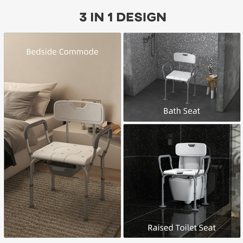image 1 of HOMCOM 3-in-1 Shower Chair Adjustable Bedside Commode Raised Toilet Seat White