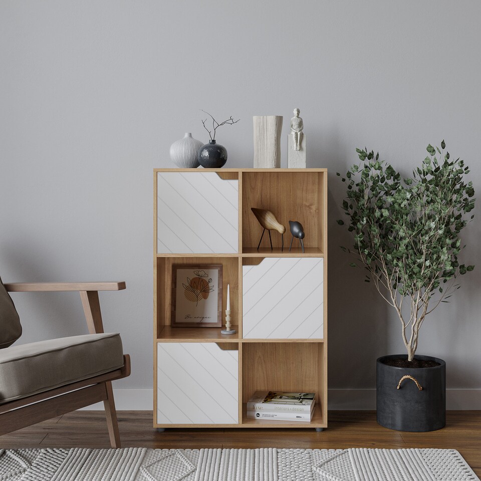 image 1 of 6-Cube Shelving Unit With Lined Doors | Brown | Oak & White | 1