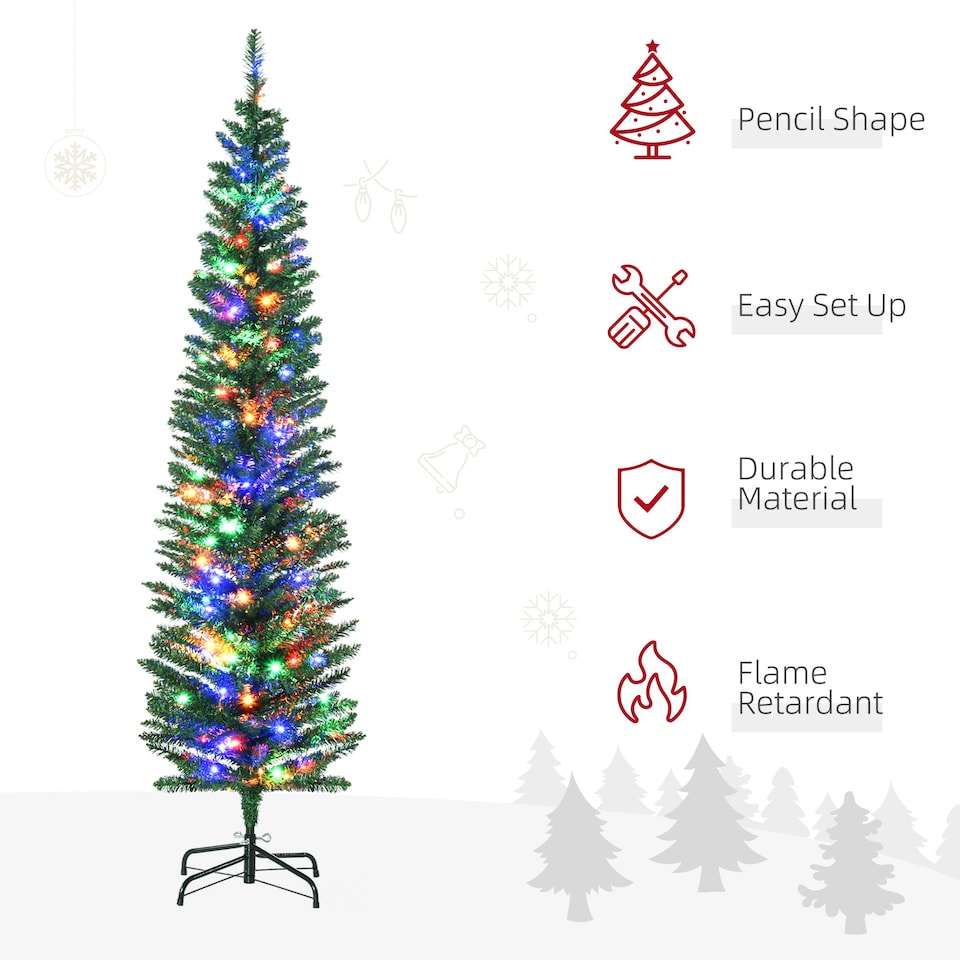 image 1 of HOMCOM 6ft Artificial Pencil Christmas Tree with Colourful Lights, Steel Base